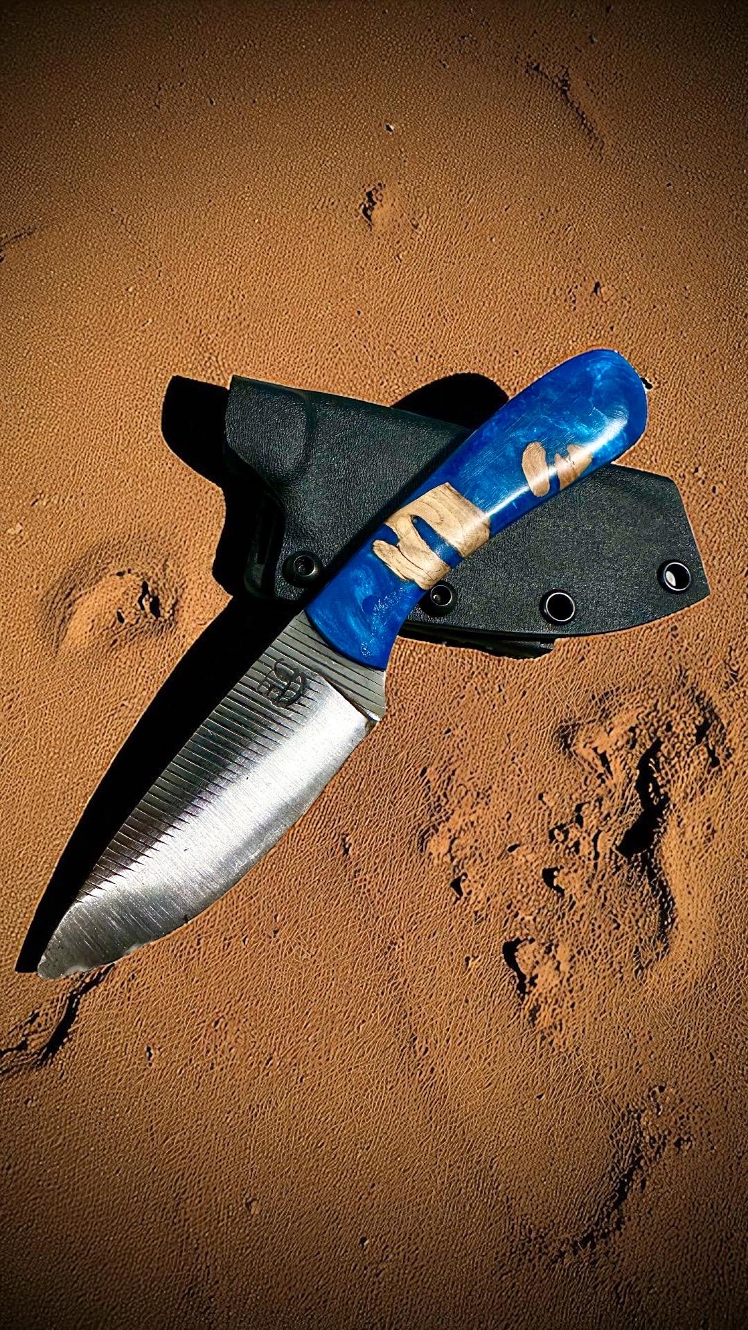 RockinEDC 8" Handmade High Carbon Steel Knife, Blue Chollo Resin Handle, Kydex Sheath