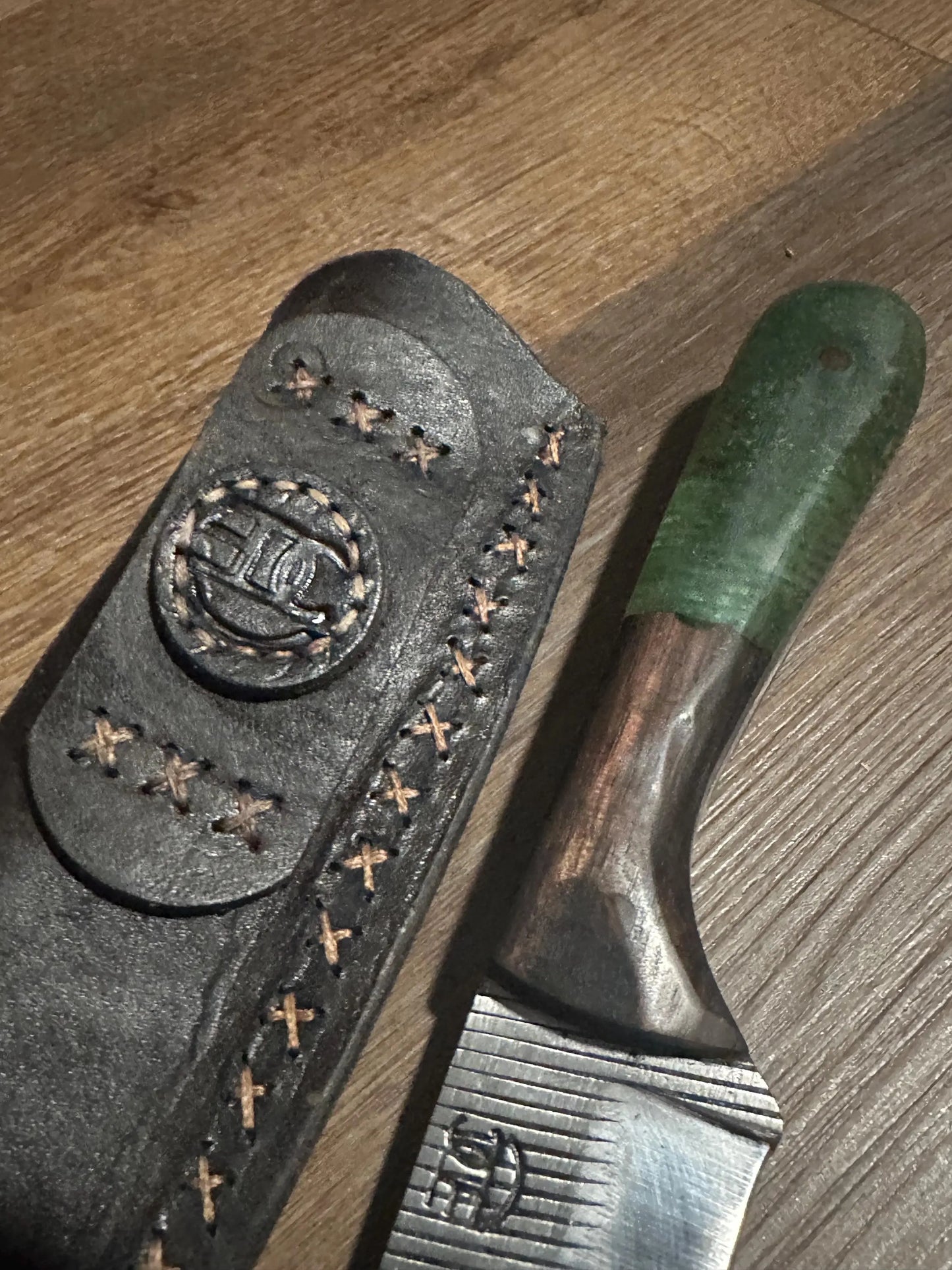 Hand Forged Farrier Rasp Chef Knife Rosewood & Green Resin Handle Handmade Leather Sheath RockinEDC Made in Texas