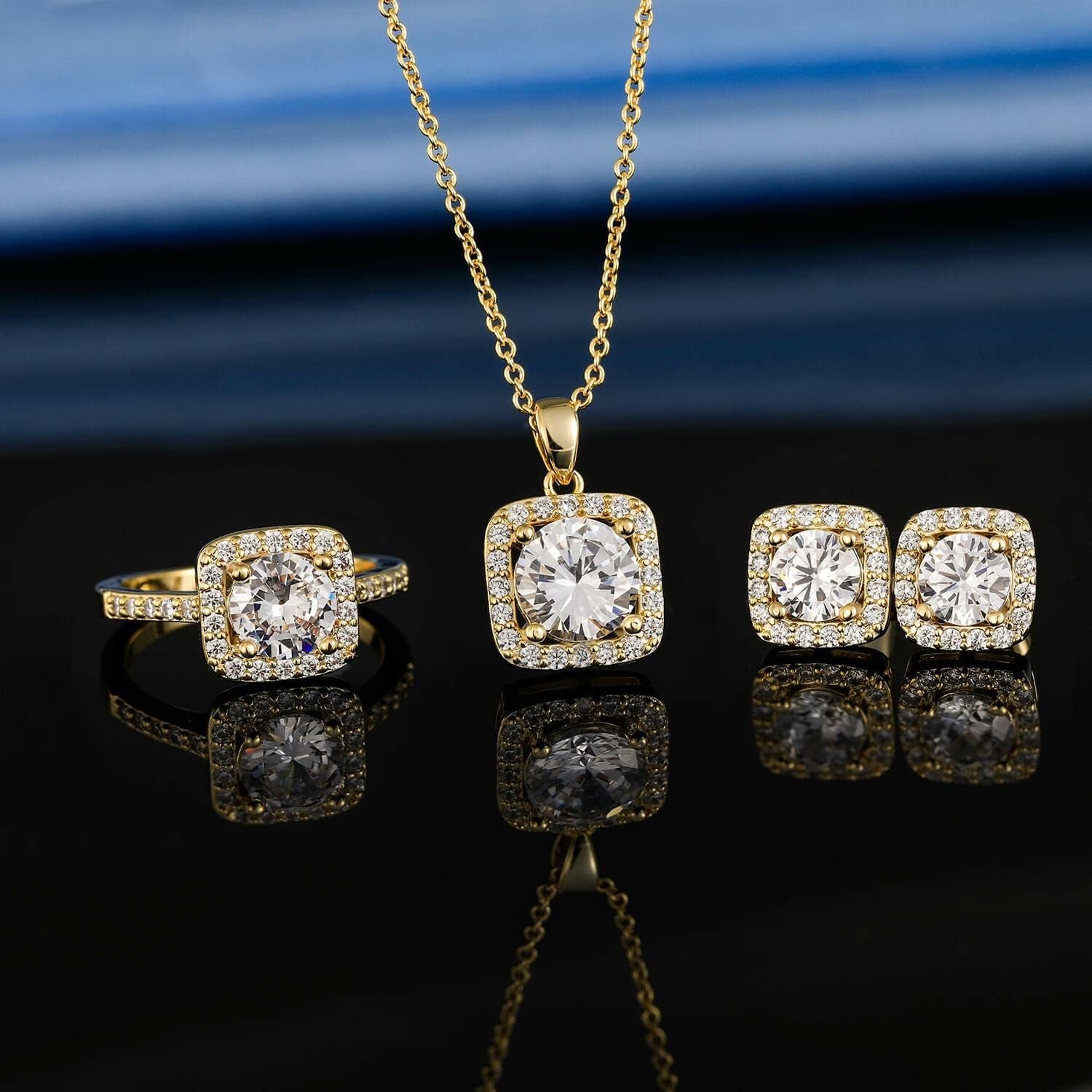 Jewelry Set for Women, 18K Gold Plated Halo Cubic Zirconia Necklace/ Earrings/ Rings Wedding Hypoallergenic Jewelry Pack of 3