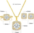 Jewelry Set for Women, 18K Gold Plated Halo Cubic Zirconia Necklace/ Earrings/ Rings Wedding Hypoallergenic Jewelry Pack of 3