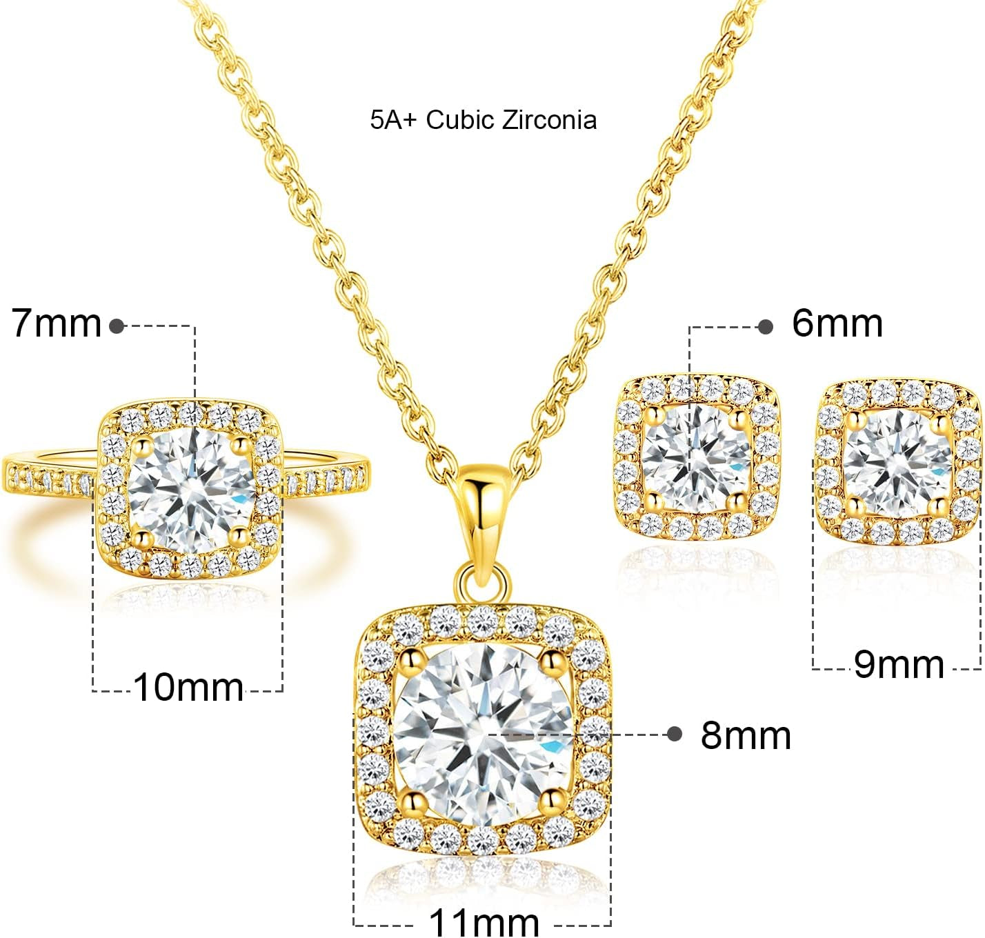 Jewelry Set for Women, 18K Gold Plated Halo Cubic Zirconia Necklace/ Earrings/ Rings Wedding Hypoallergenic Jewelry Pack of 3