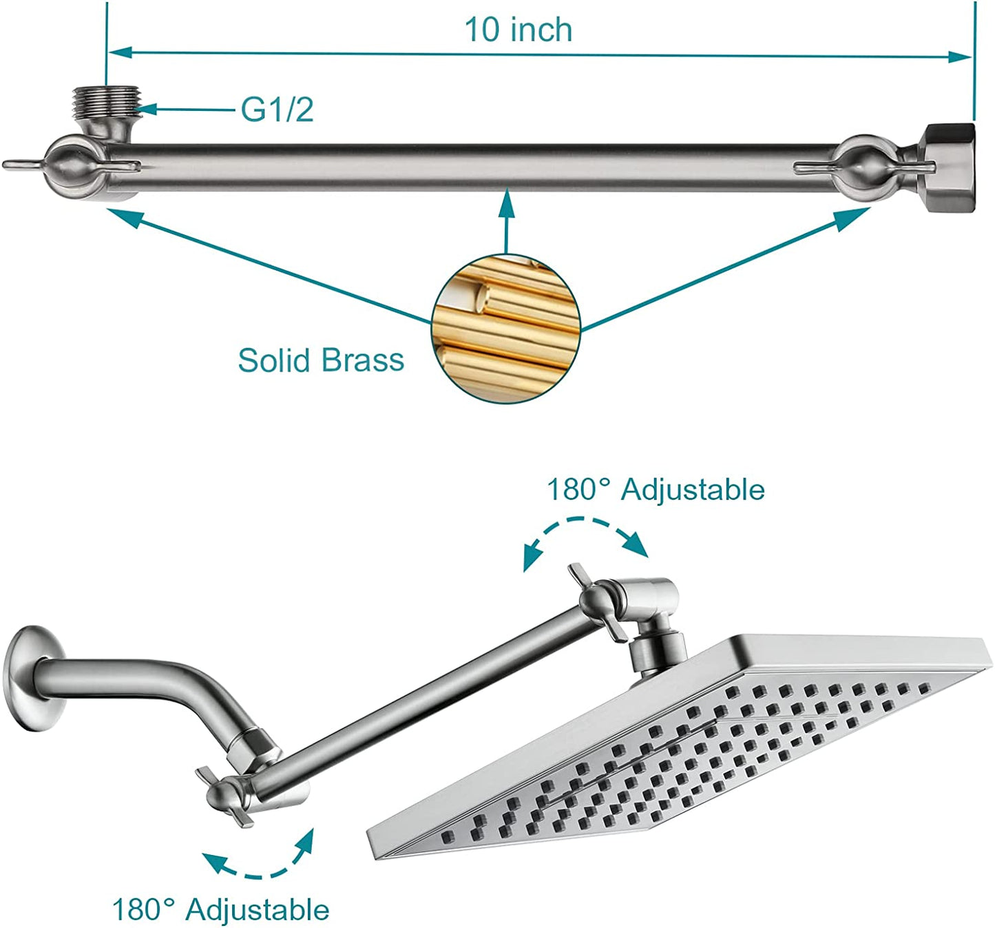 Bright Showers Rain Shower Head with 10 Inch Adjustable Extension Arm, 8 Inch Square Showerhead
