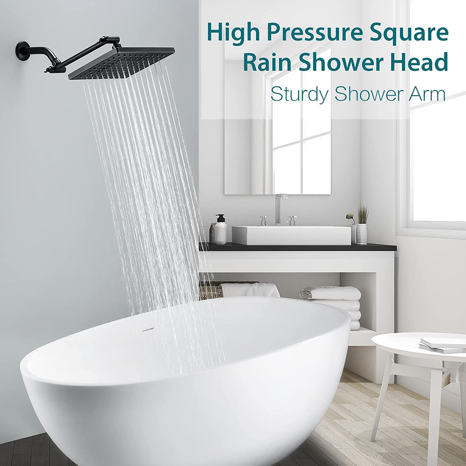 Bright Showers Rain Shower Head with 10 Inch Adjustable Extension Arm, 8 Inch Square Showerhead
