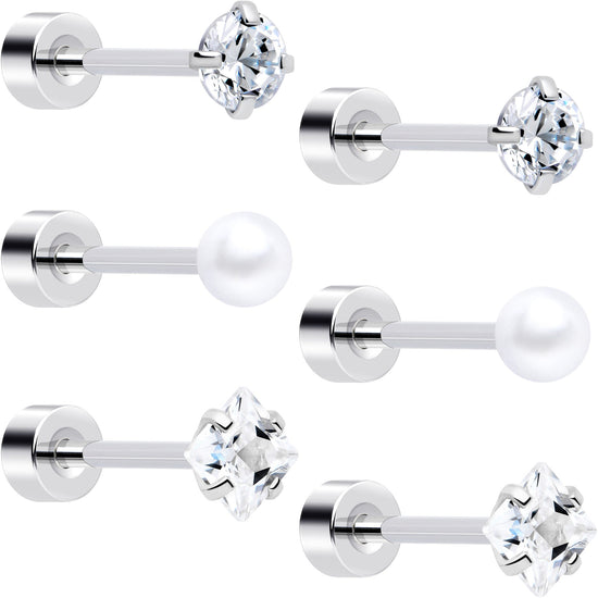 20G Clear Gem White Orb Flatback Earring Set of 6