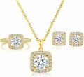 Jewelry Set for Women, 18K Gold Plated Halo Cubic Zirconia Necklace/ Earrings/ Rings Wedding Hypoallergenic Jewelry Pack of 3