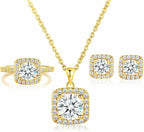 Jewelry Set for Women, 18K Gold Plated Halo Cubic Zirconia Necklace/ Earrings/ Rings Wedding Hypoallergenic Jewelry Pack of 3