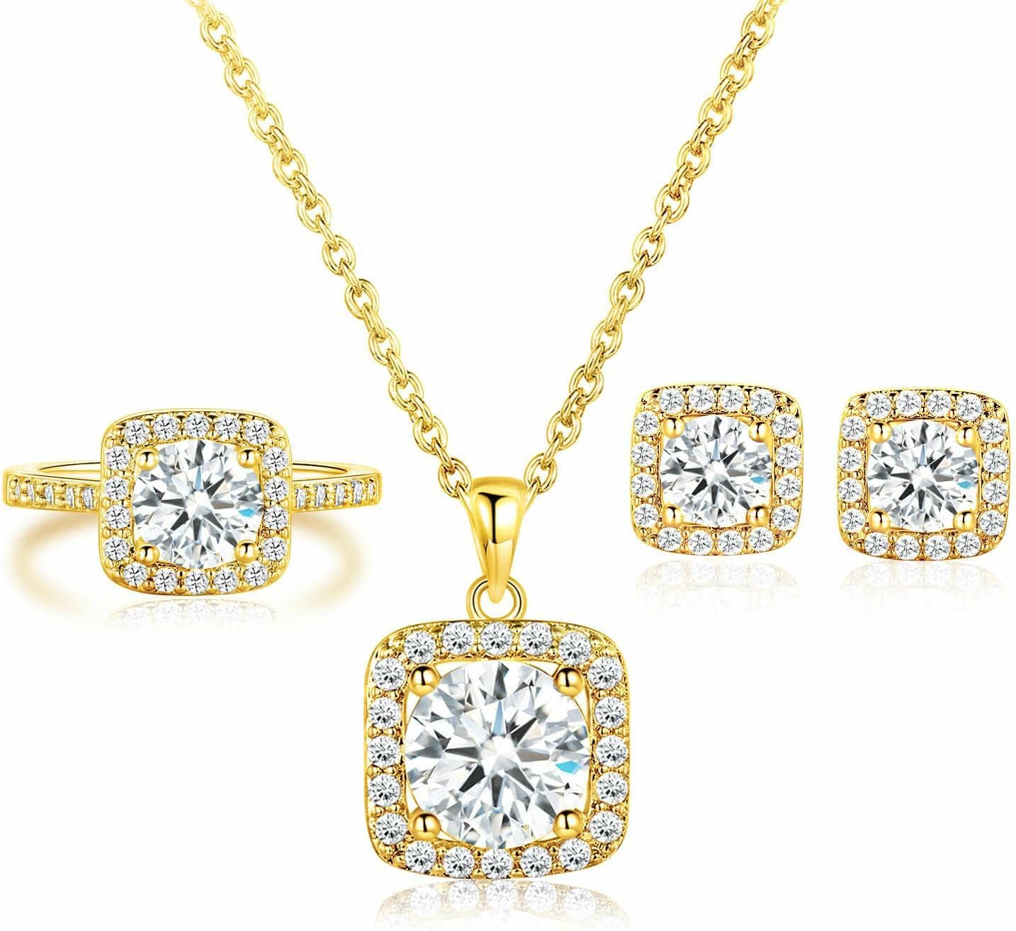 Jewelry Set for Women, 18K Gold Plated Halo Cubic Zirconia Necklace/ Earrings/ Rings Wedding Hypoallergenic Jewelry Pack of 3