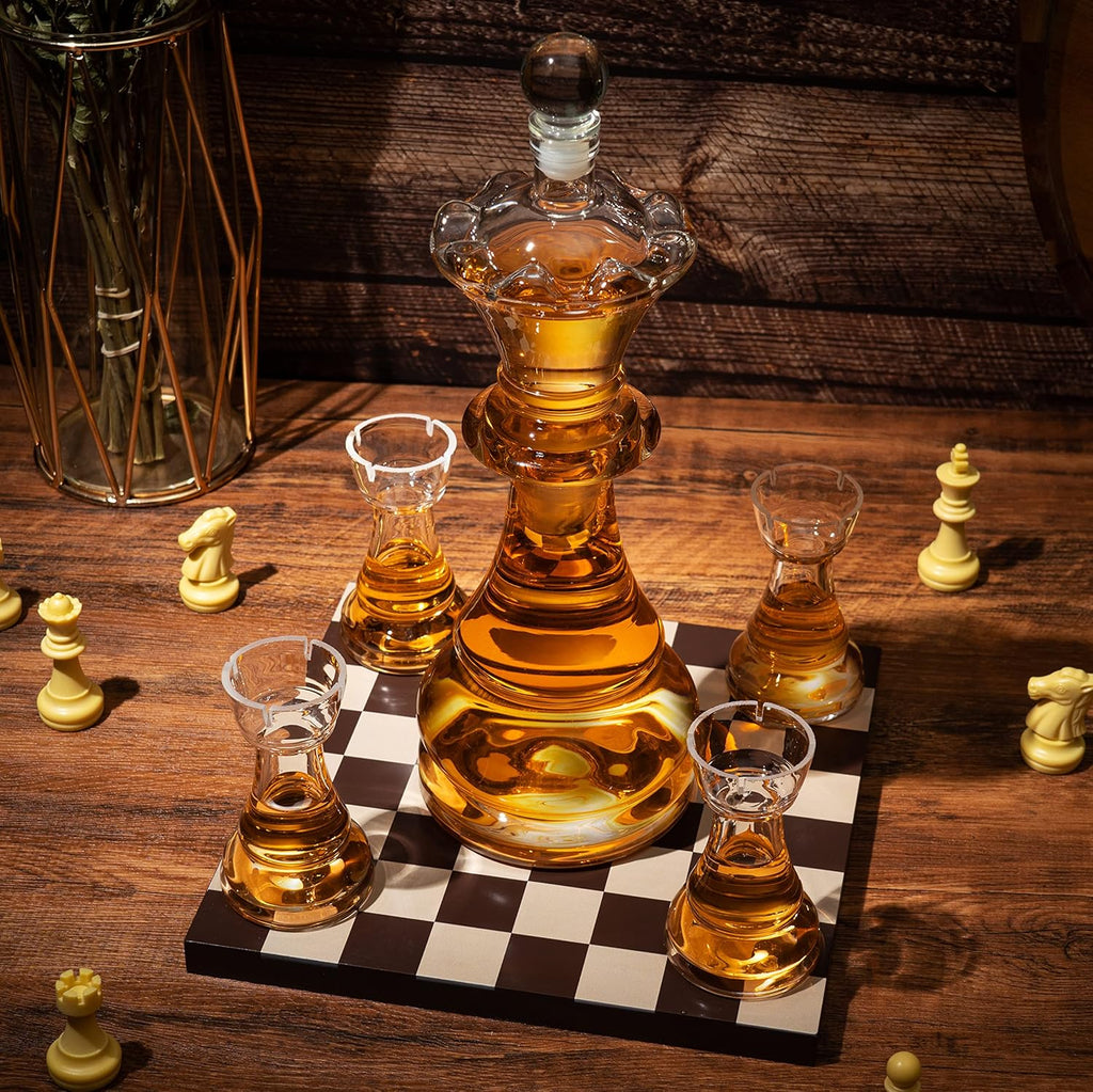 Chess Whiskey Decanter Set — Queen Decanter 750ml with 4 Rook Shot Glasses