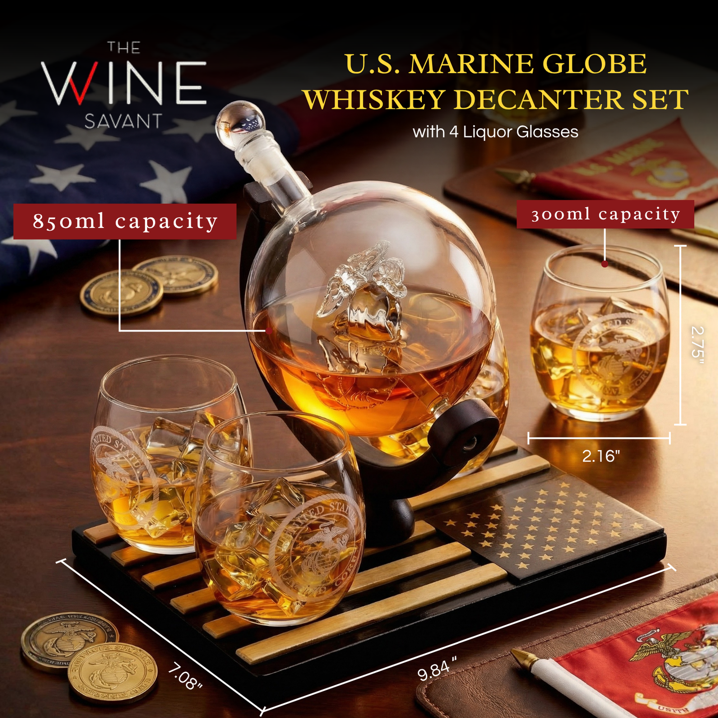 Marine Decanter Set With 4 Whiskey Glasses 1000ml Marines Gift Decanter by The Wine Savant
