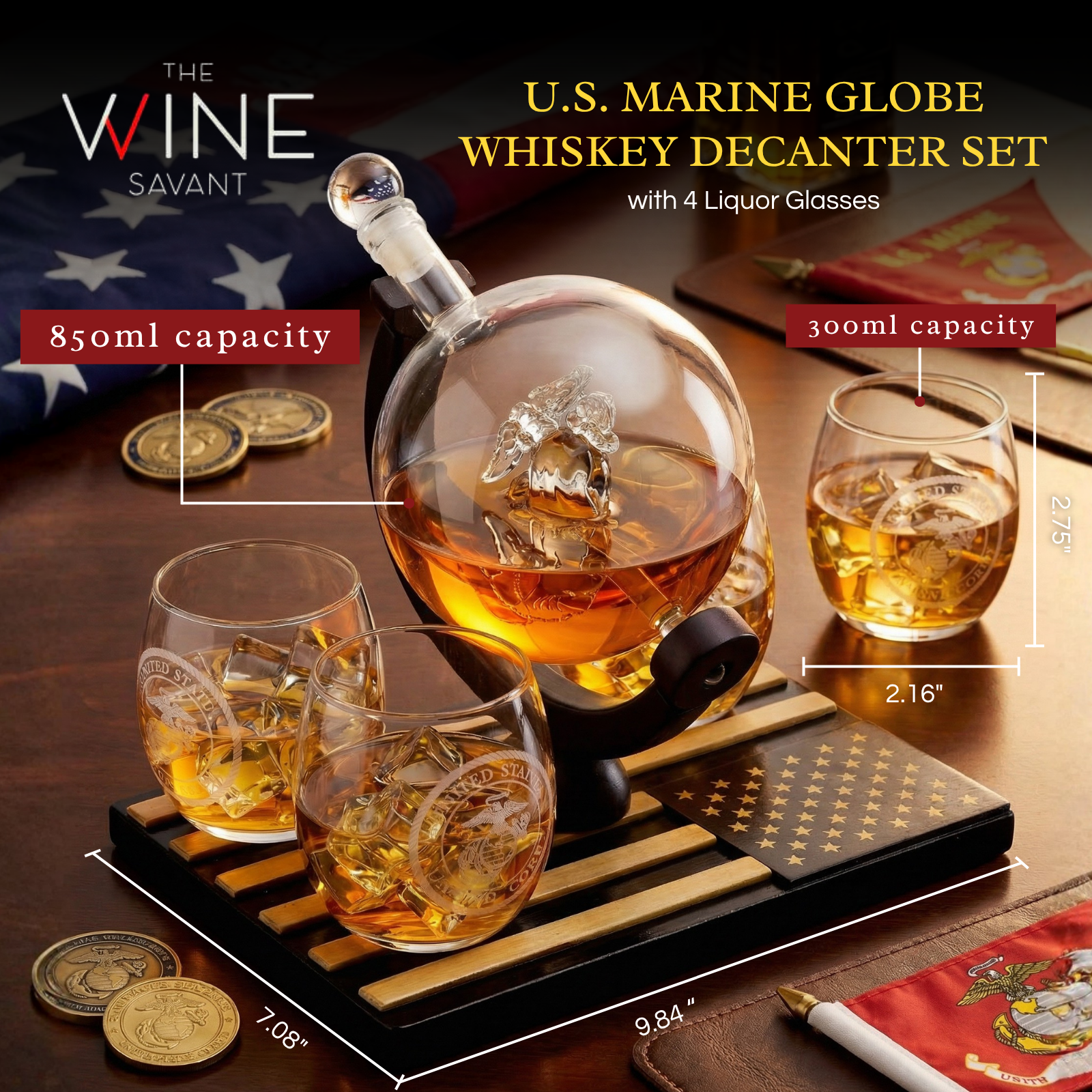 Marine Decanter Set With 4 Whiskey Glasses 1000ml Marines Gift Decanter by The Wine Savant