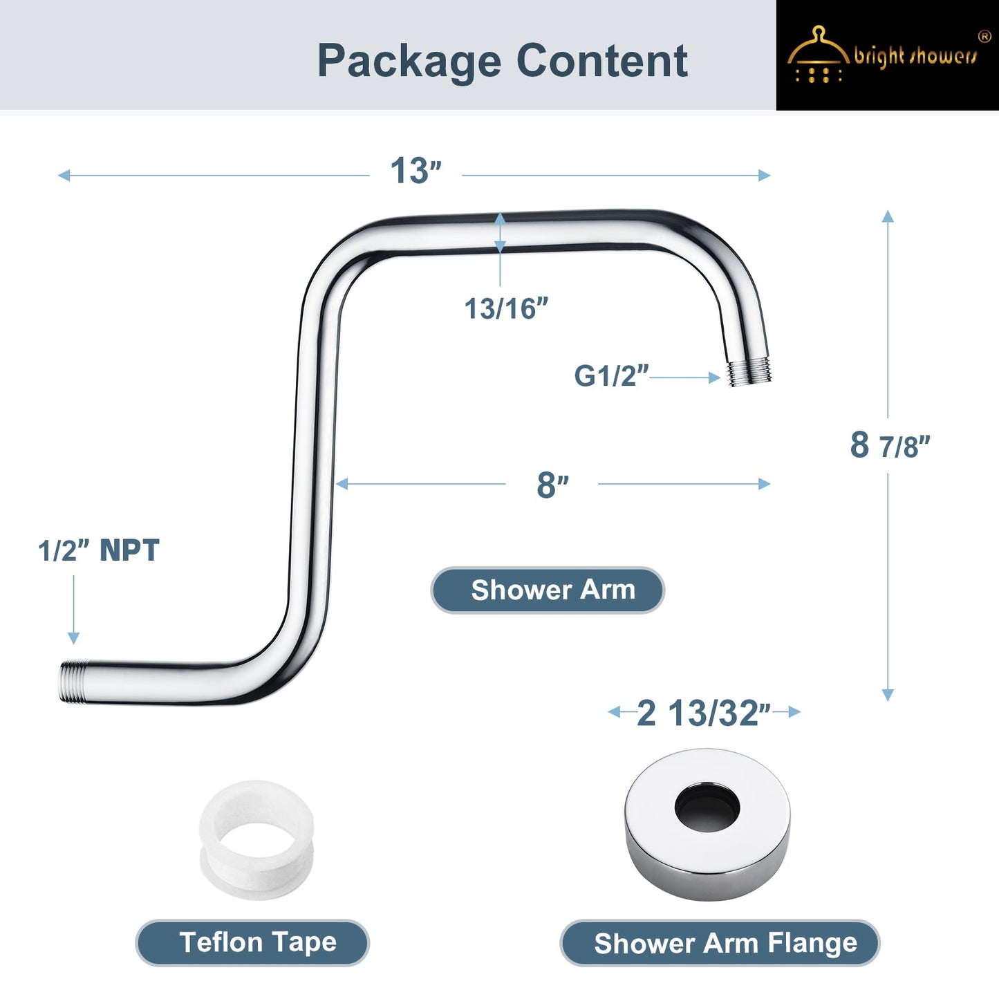 Bright Showers Shower Head Extension Arm with Flange S Shaped High Rise Extender,13 Inch