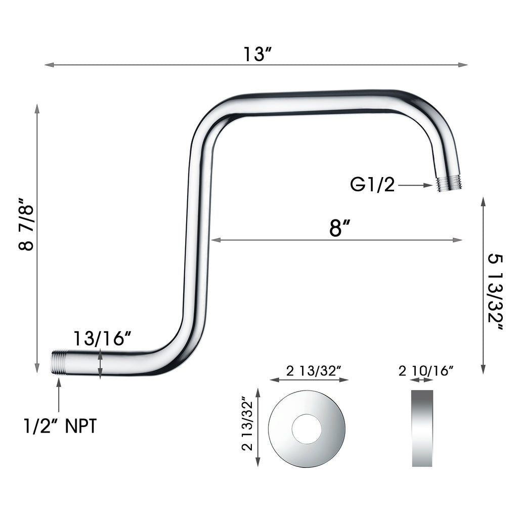 Bright Showers Shower Head Extension Arm with Flange S Shaped High Rise Extender,13 Inch