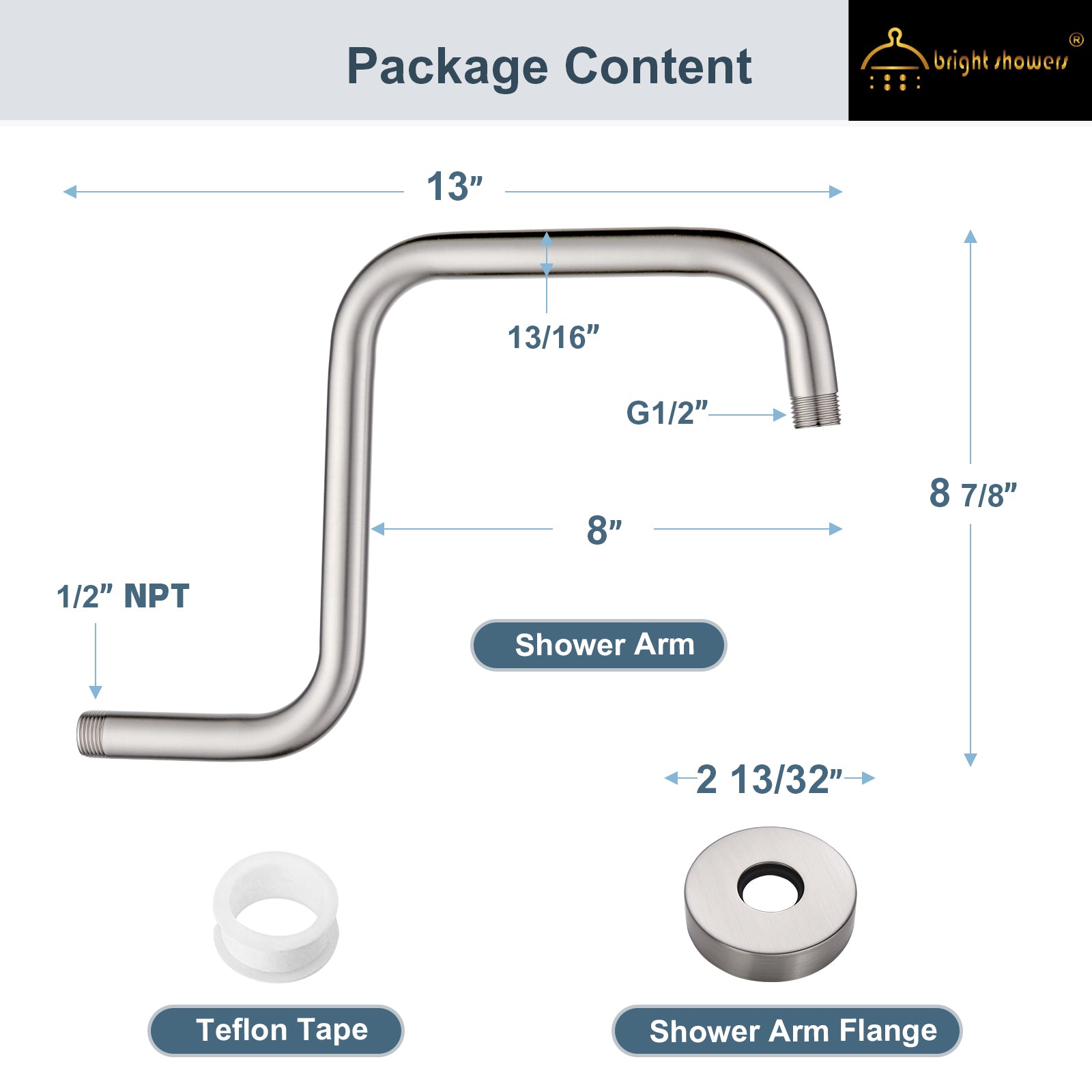 Bright Showers Shower Head Extension Arm with Flange S Shaped High Rise Extender,13 Inch