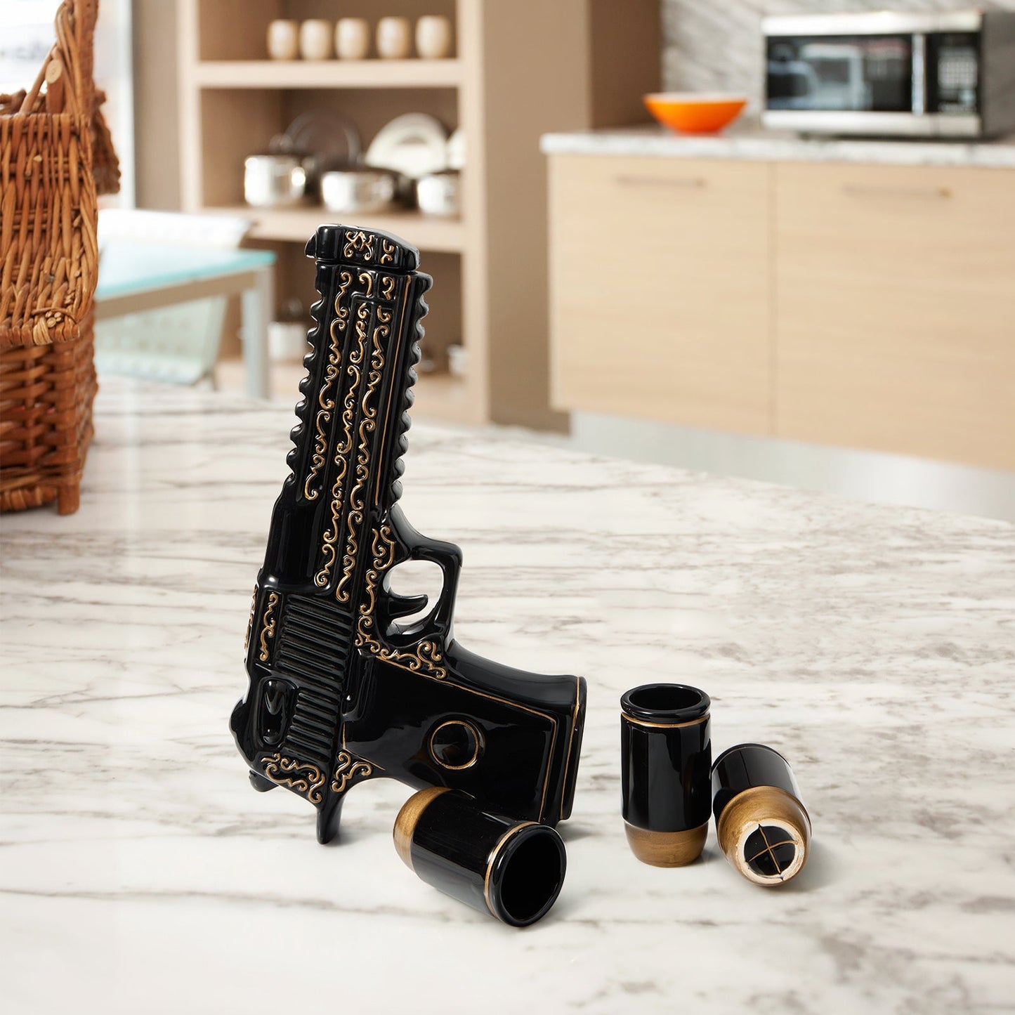 Hand Painted Pistol Whiskey Decanter — Black & Gold, 18oz with 3 Bullet Shot Glasses