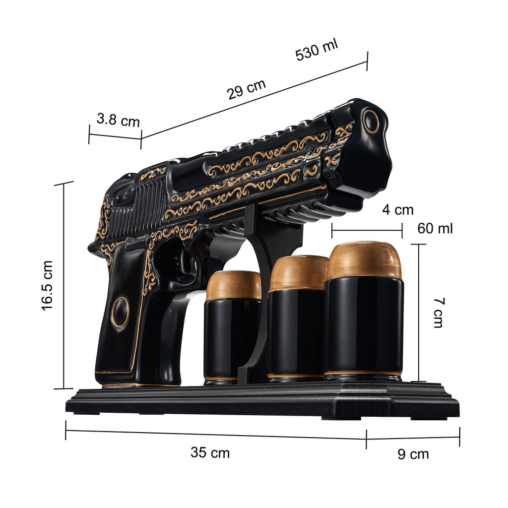 Hand Painted Pistol Whiskey Decanter — Black & Gold, 18oz with 3 Bullet Shot Glasses