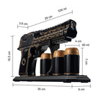 Hand Painted Pistol Whiskey Decanter — Black & Gold, 18oz with 3 Bullet Shot Glasses