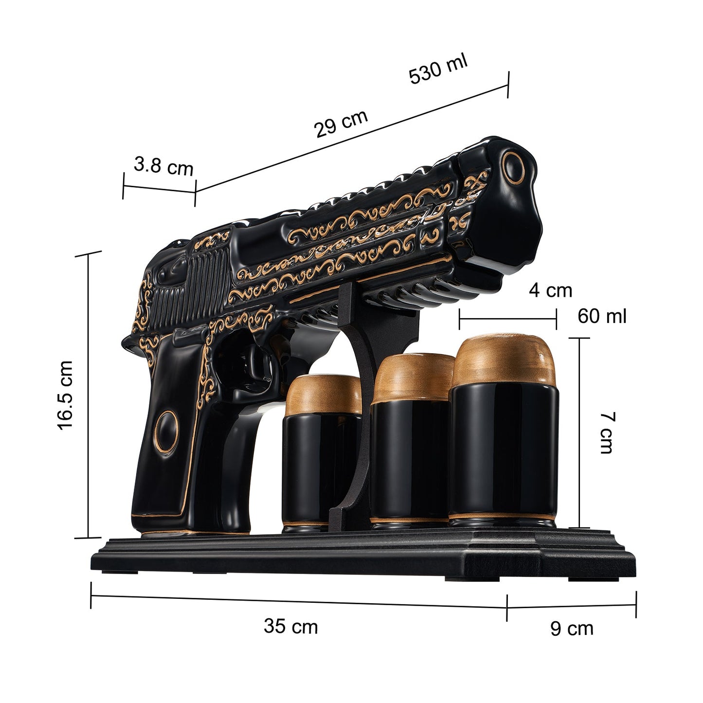 Hand Painted Pistol Whiskey Decanter — Black & Gold, 18oz with 3 Bullet Shot Glasses