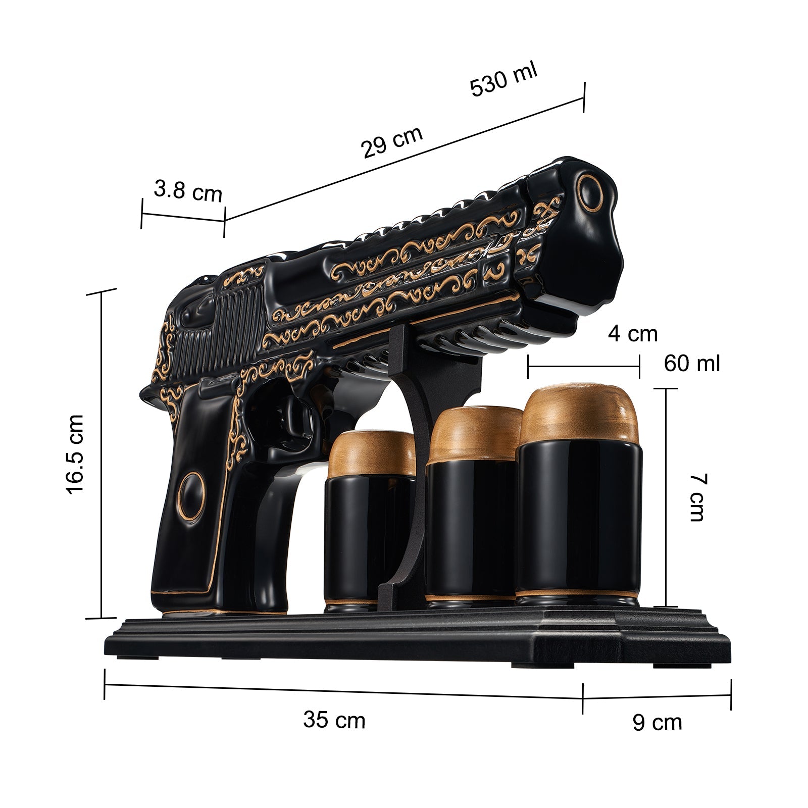 Hand Painted Pistol Whiskey Decanter — Black & Gold, 18oz with 3 Bullet Shot Glasses