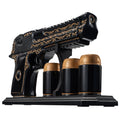 Hand Painted Pistol Whiskey Decanter — Black & Gold, 18oz with 3 Bullet Shot Glasses