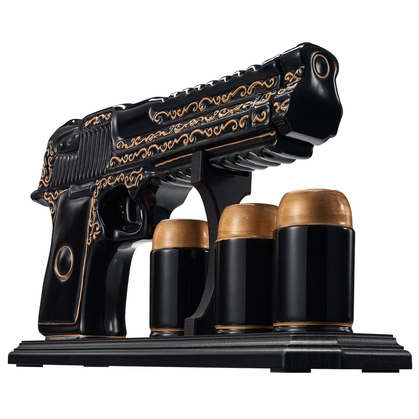 Hand Painted Pistol Whiskey Decanter — Black & Gold, 18oz with 3 Bullet Shot Glasses