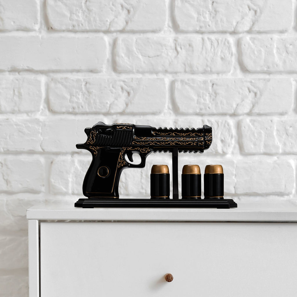 Hand Painted Pistol Whiskey Decanter — Black & Gold, 18oz with 3 Bullet Shot Glasses