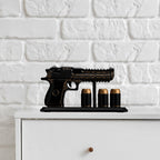 Hand Painted Pistol Whiskey Decanter — Black & Gold, 18oz with 3 Bullet Shot Glasses