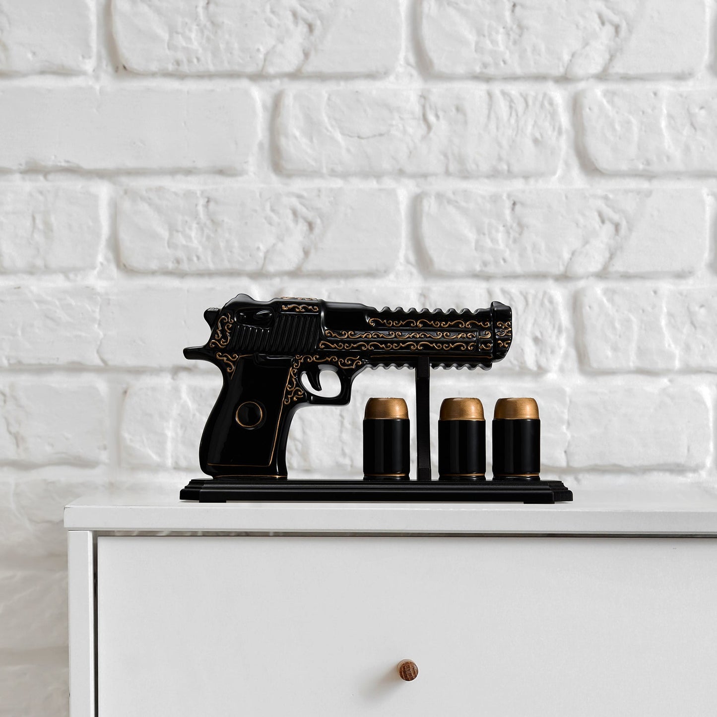 Hand Painted Pistol Whiskey Decanter — Black & Gold, 18oz with 3 Bullet Shot Glasses