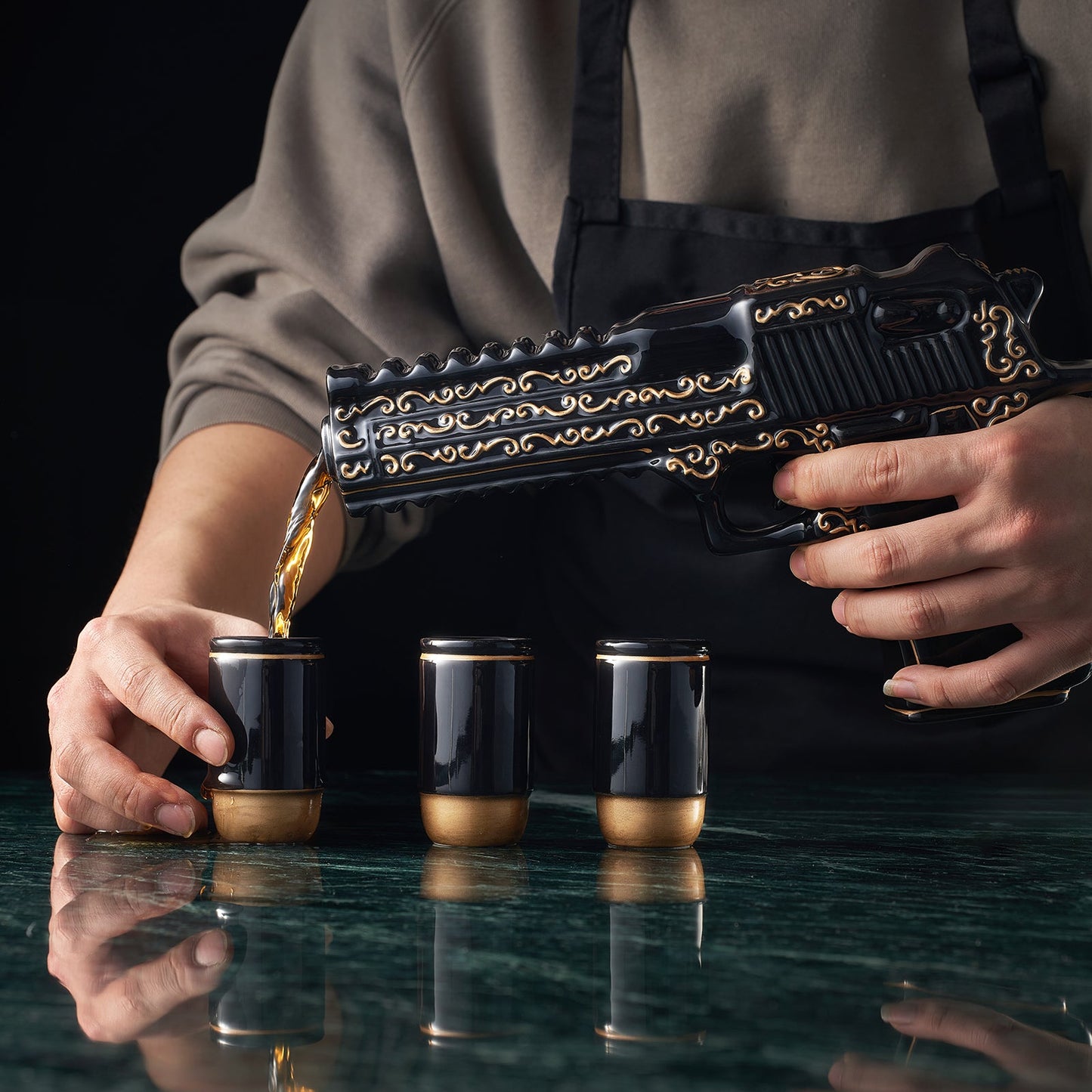Hand Painted Pistol Whiskey Decanter — Black & Gold, 18oz with 3 Bullet Shot Glasses