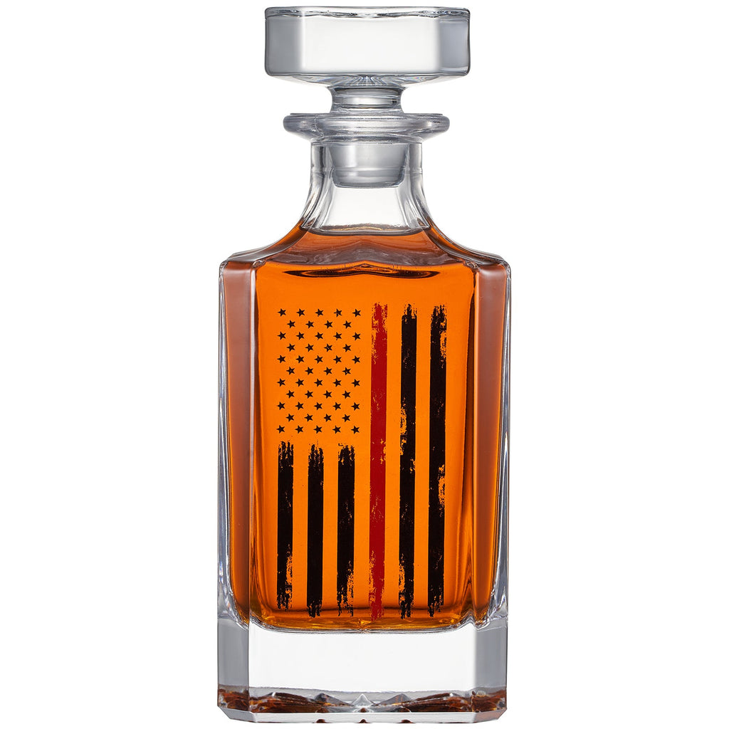 Firefighter Tactical Red Tattered American Flag Whiskey Decanter Gift Set