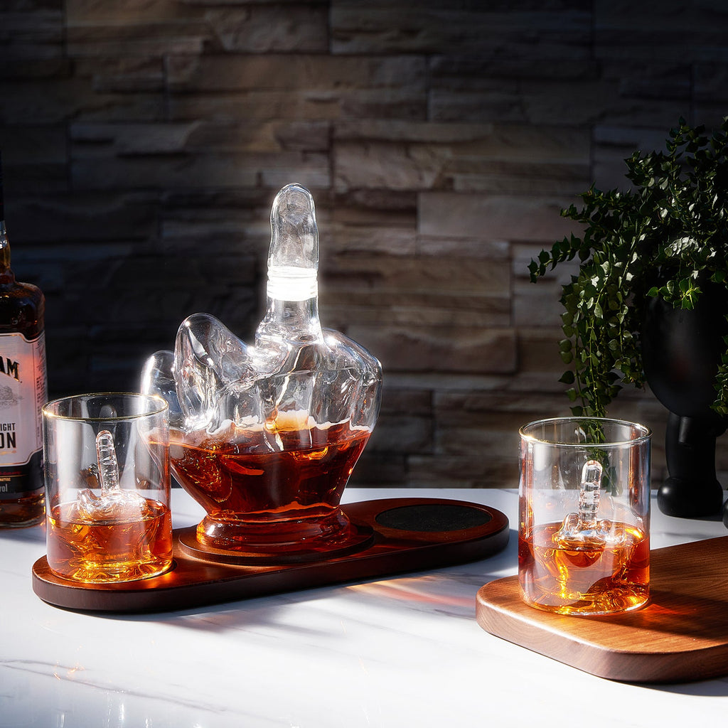 The Wine Savant Middle Finger Decanter Novelty Whiskey & Wine Decanter Set, Mahogany Wood, Funny Gift for that Someone You Love! Middle Finger Gift For Adults, Flip Off Gift, Funny Gifts, Gag Gift