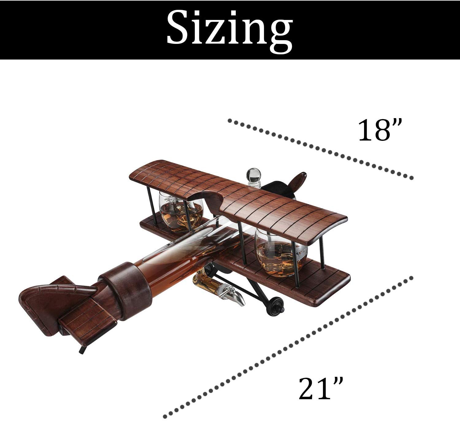 Whiskey & Wine Decanter Airplane Set and Glasses Antique Wood Airplane - The Wine Savant Whiskey Gift Set and 2 Airplane Glasses, Pilot Gift Moving Parts- Alcohol Related Gift, BAR DECOR Large 21"