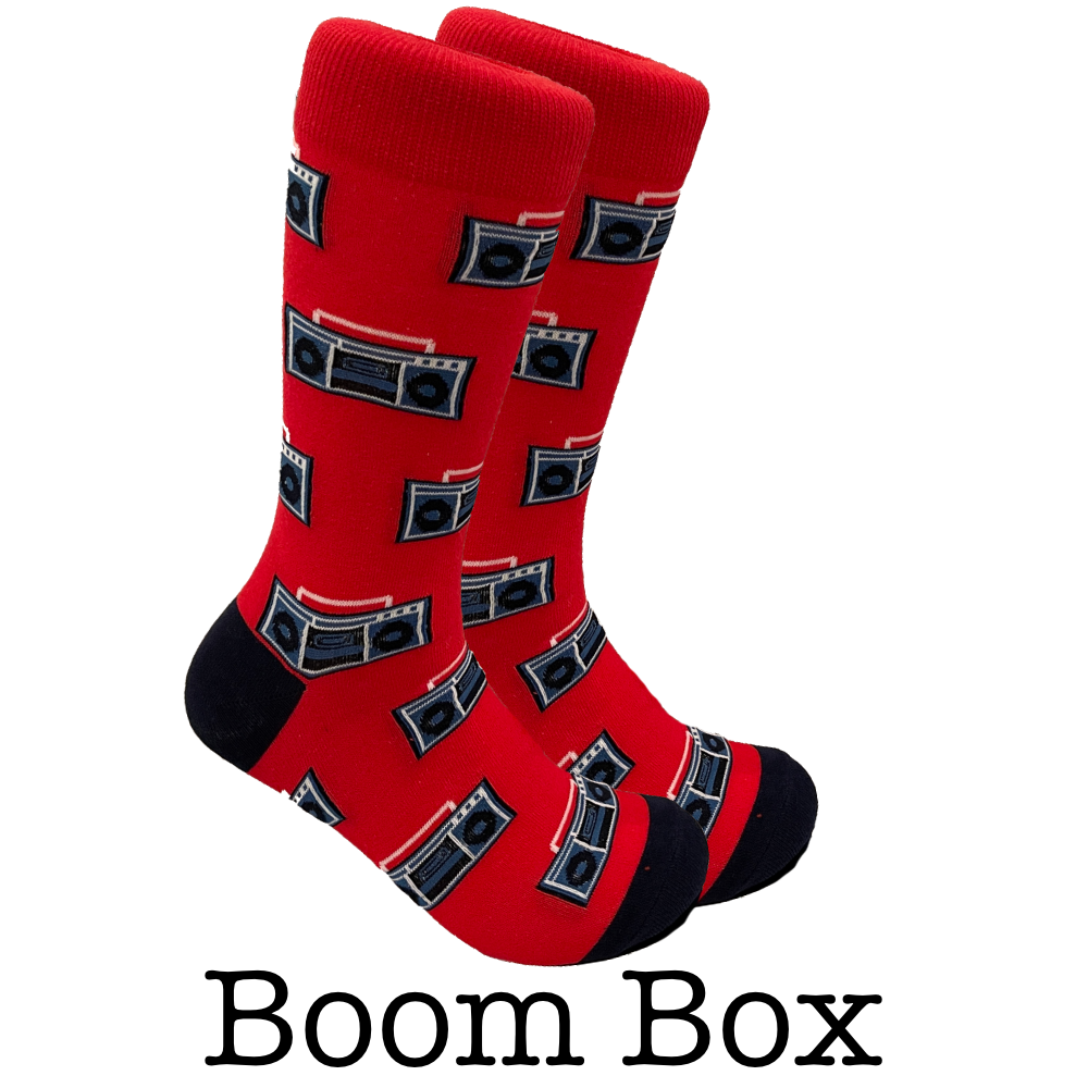 cRAZY sockS for MeN featuring a vibrant red color with boombox patterns.