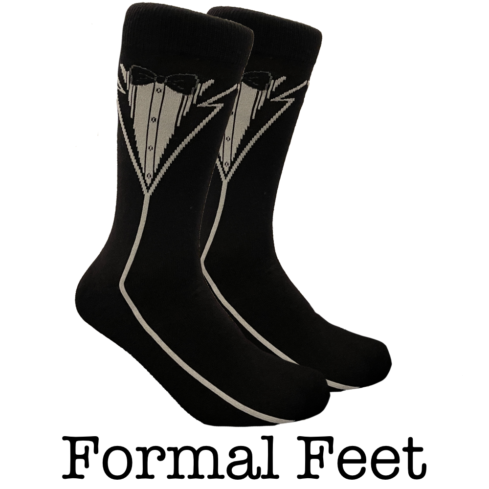 cRAZY sockS for MeN featuring a tuxedo design in black and white.