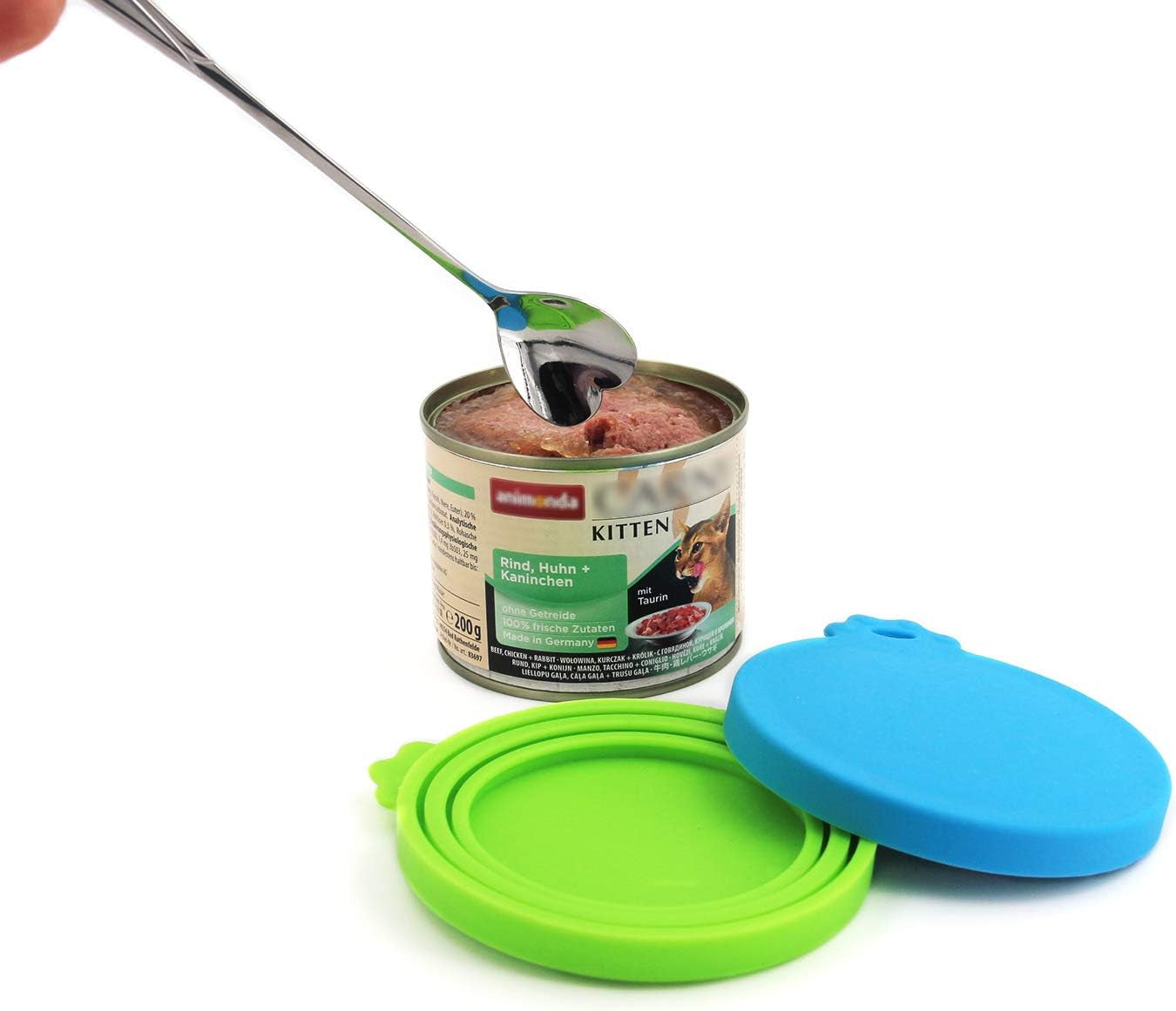 Pet Food Can Lids, Silicone Can Lids Covers for Dog and Cat Food, Universal Size Fits All Standard Size Dog and Cat Can Tops (3 Pack & Spoon, Multi-Colored)