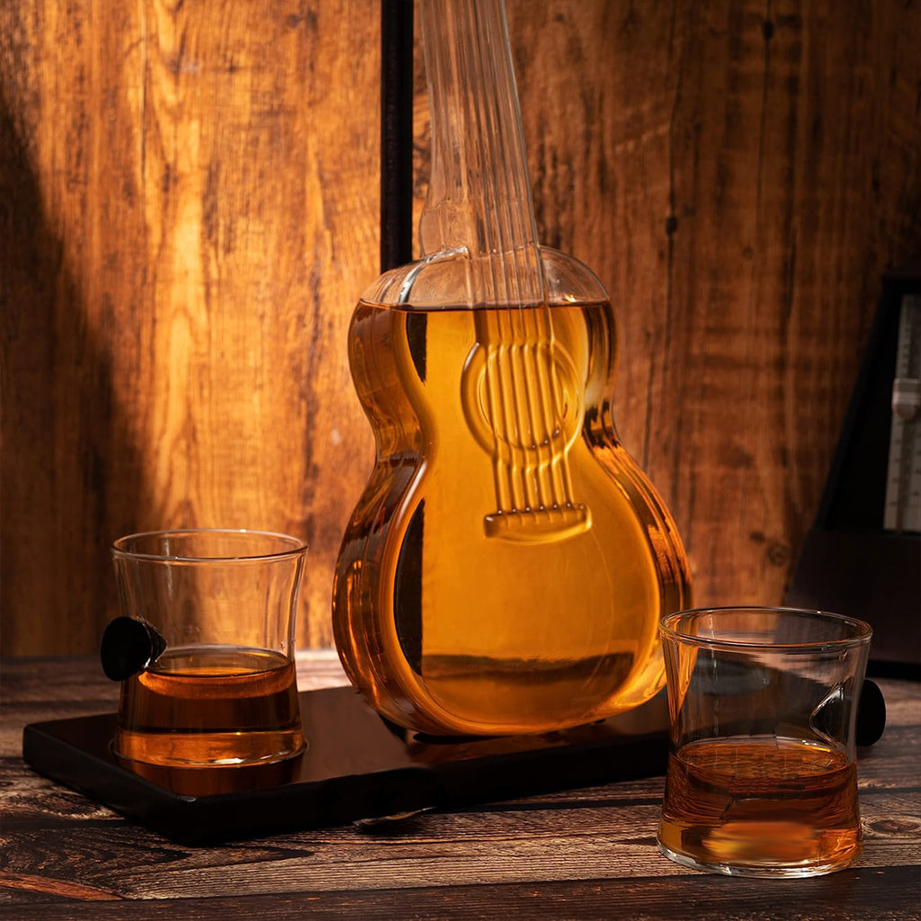 Guitar Whiskey Decanter Set — 1000ml with 2 Glasses & Mahogany Base
