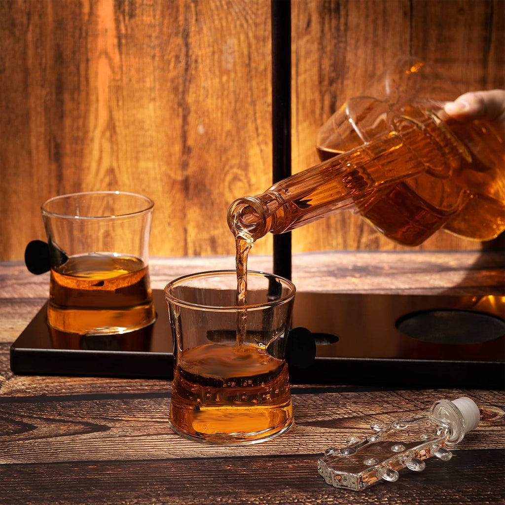 Guitar Whiskey Decanter Set — 1000ml with 2 Glasses & Mahogany Base
