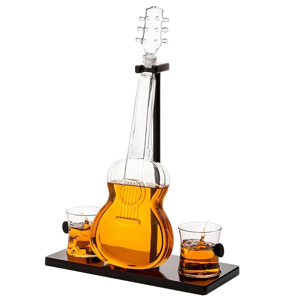 Guitar Whiskey Decanter Set — 1000ml with 2 Glasses & Mahogany Base