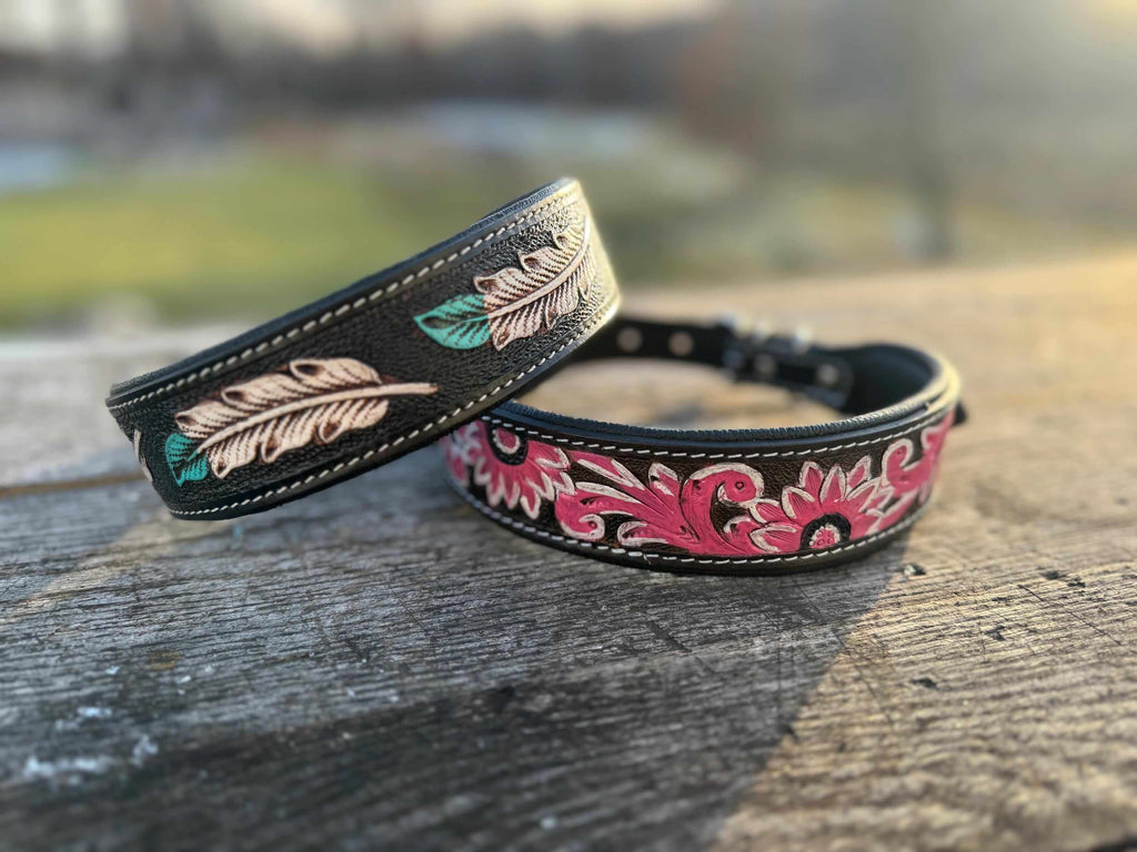 Western Leather Dog Collar – Tooled Turquoise Feather or Pink Floral Design
