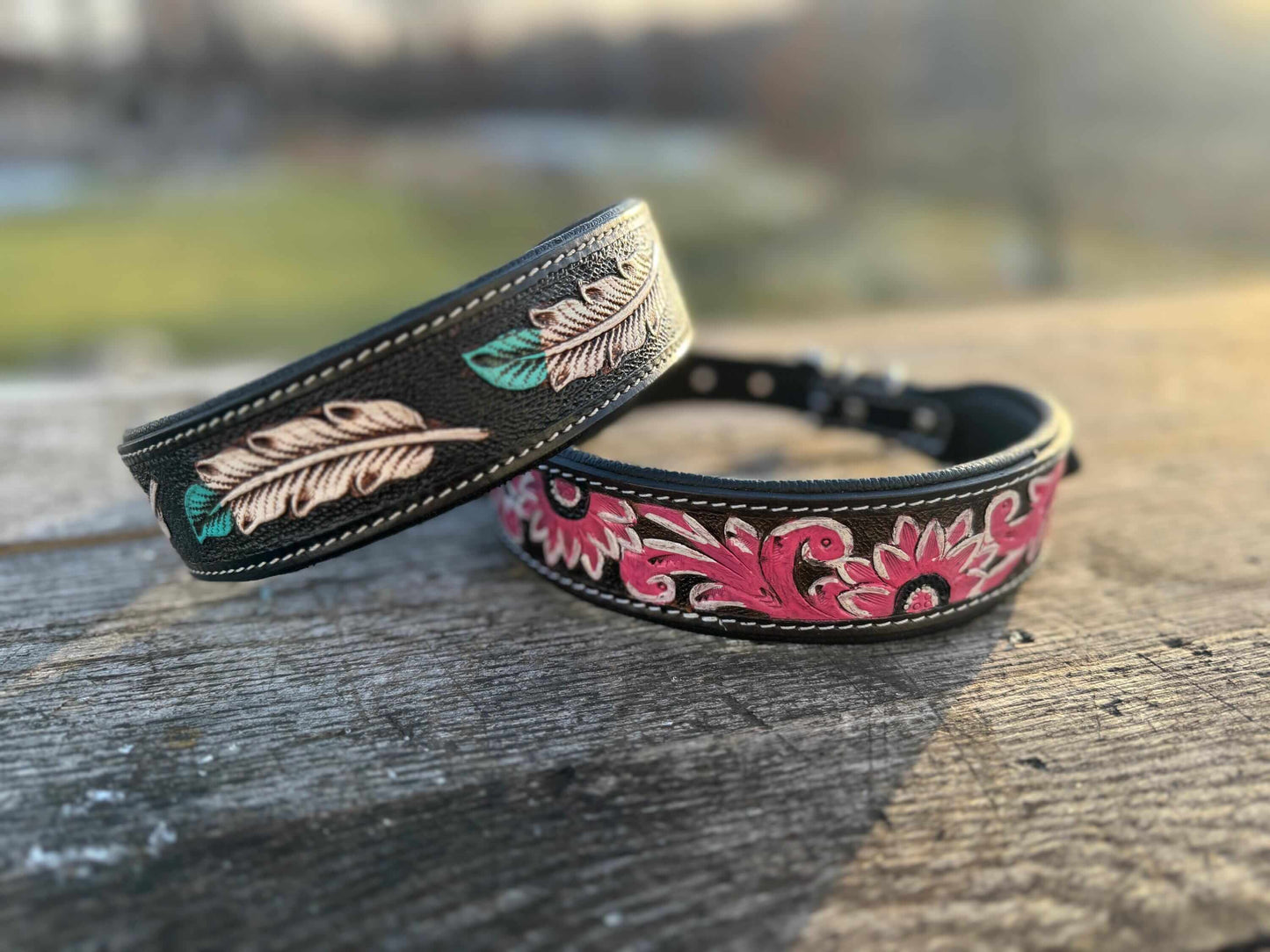 Western Leather Dog Collar – Tooled Turquoise Feather or Pink Floral Design