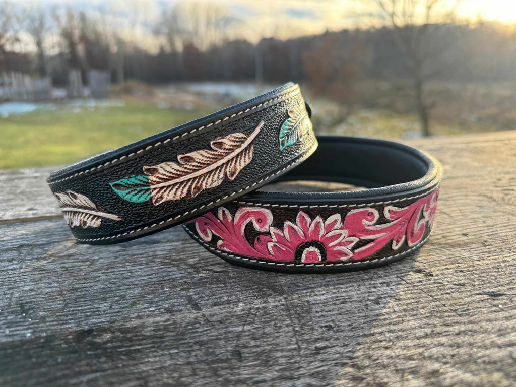 Western Leather Dog Collar – Tooled Turquoise Feather or Pink Floral Design