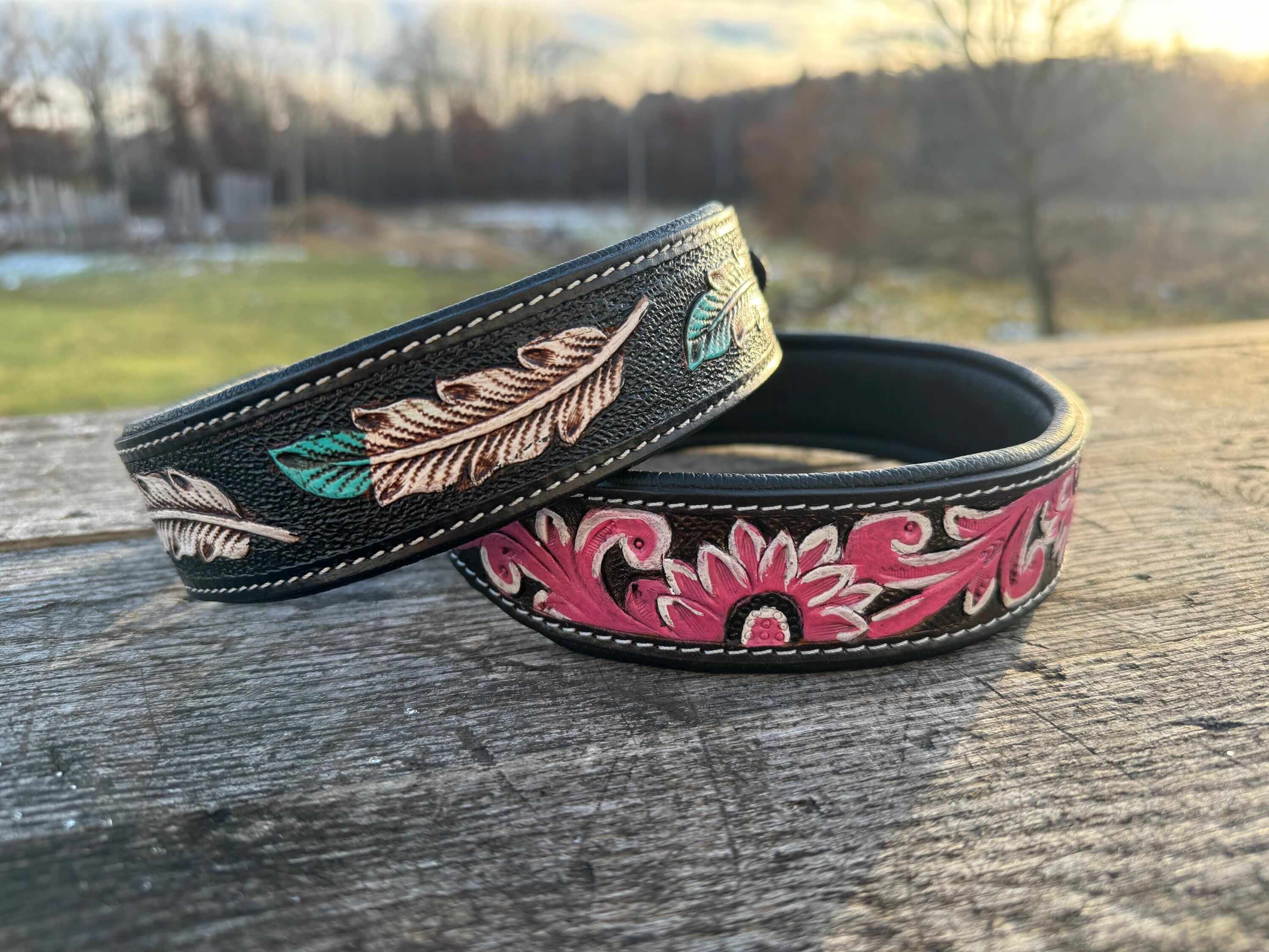 Western Leather Dog Collar – Tooled Turquoise Feather or Pink Floral Design