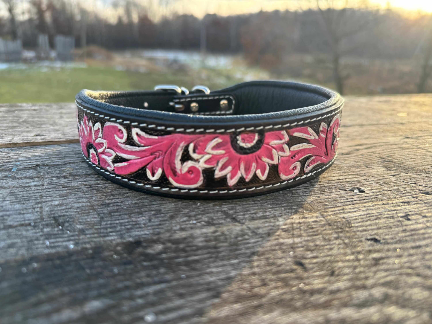 Western Leather Dog Collar – Tooled Turquoise Feather or Pink Floral Design