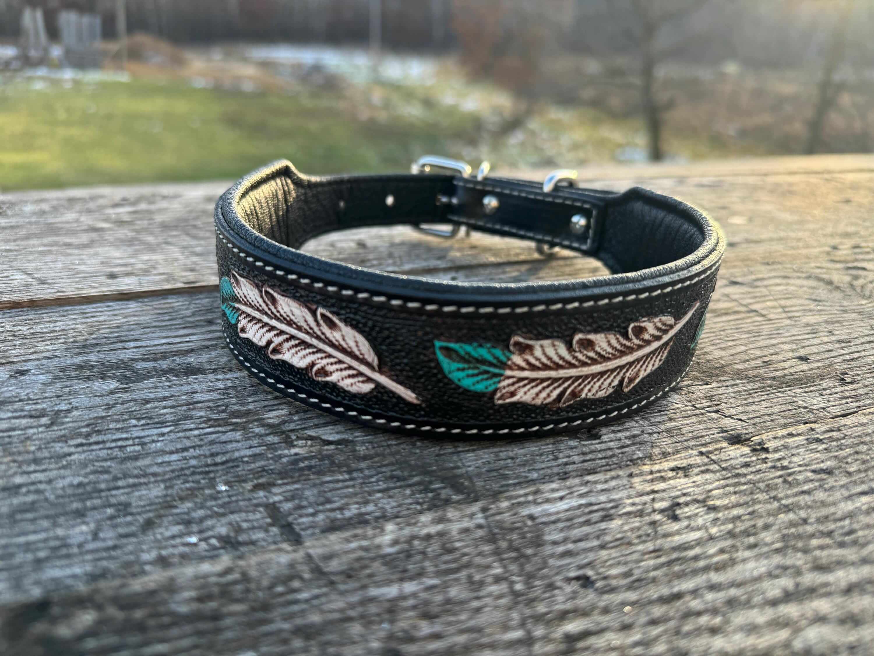 Western Leather Dog Collar – Tooled Turquoise Feather or Pink Floral Design