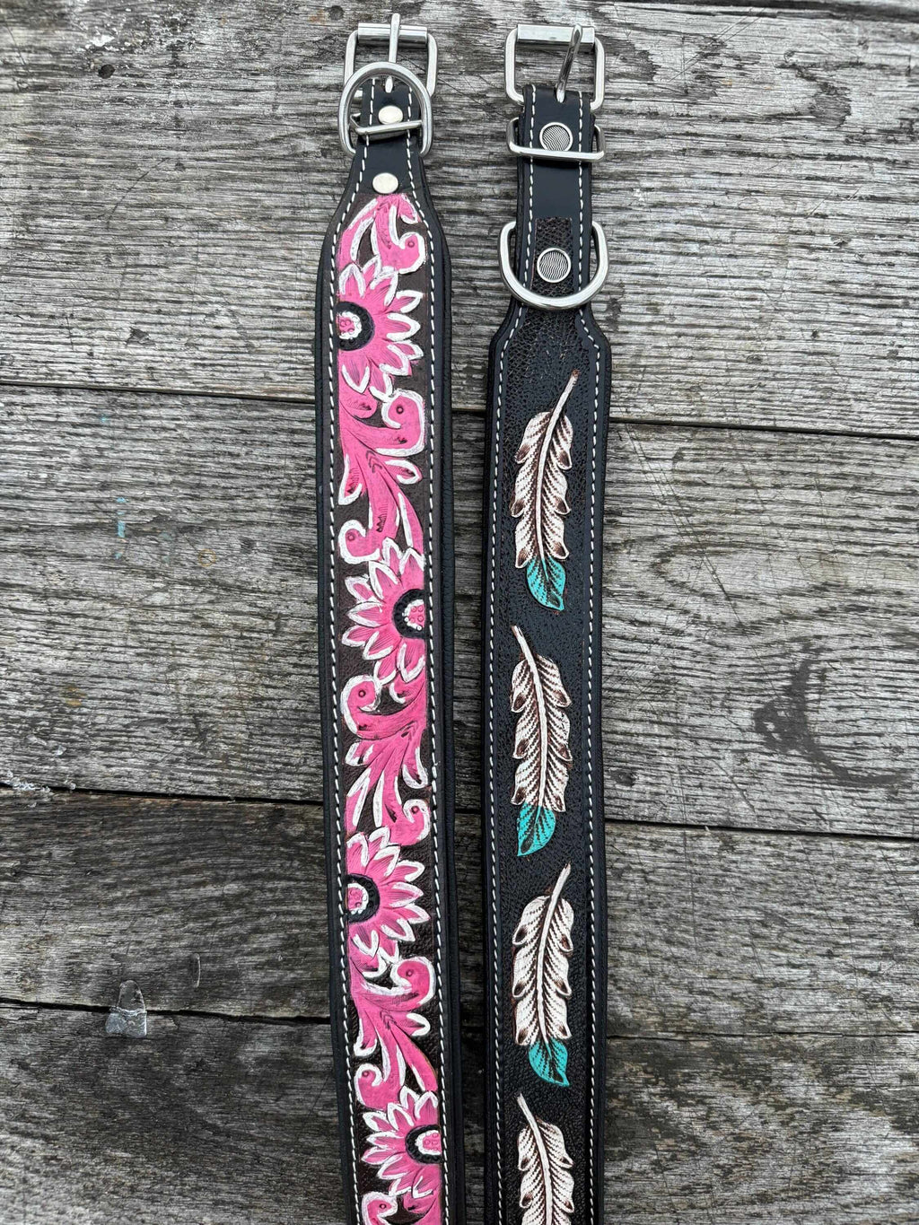 Western Leather Dog Collar – Tooled Turquoise Feather or Pink Floral Design