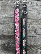 Western Leather Dog Collar – Tooled Turquoise Feather or Pink Floral Design