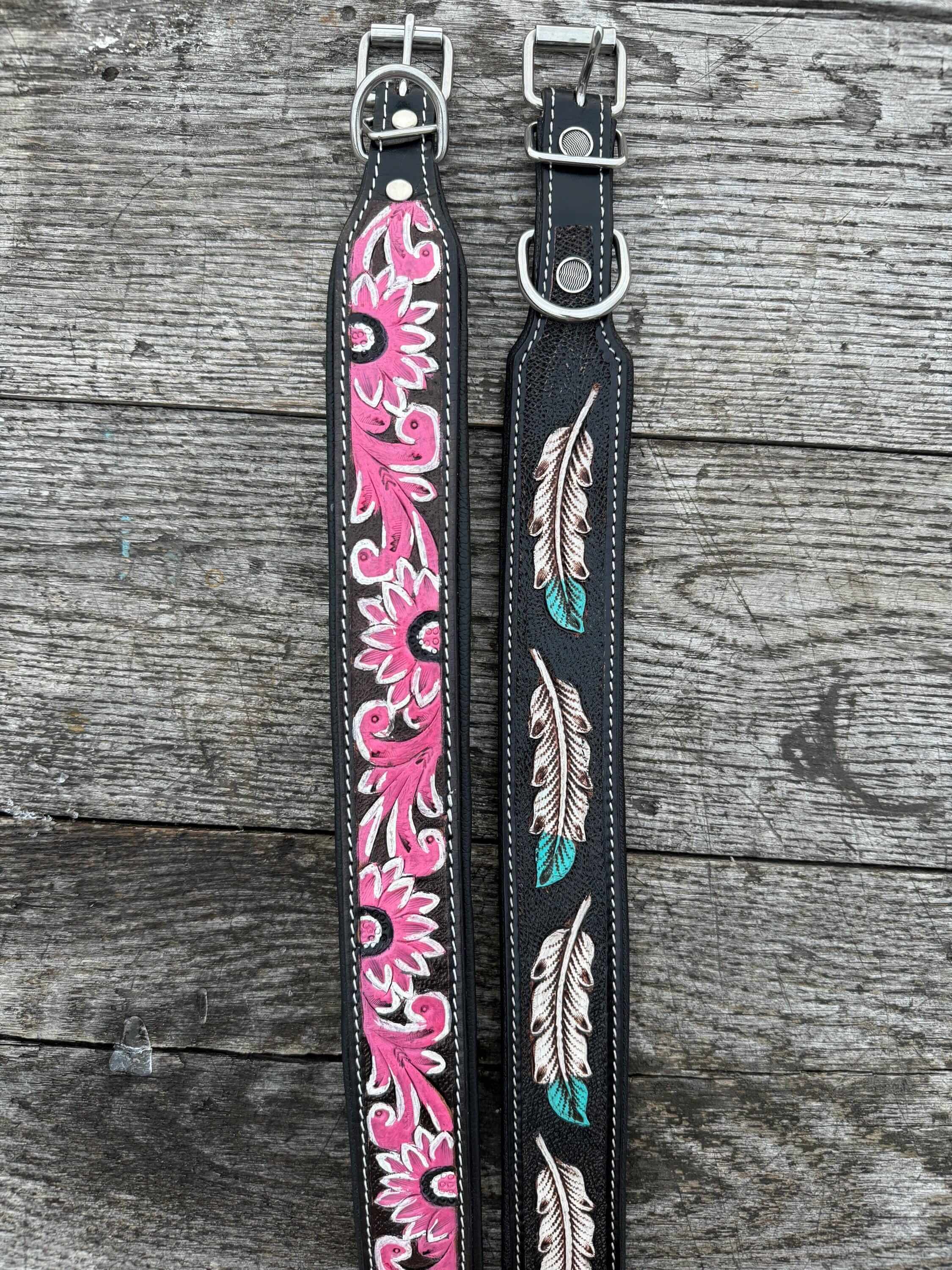 Western Leather Dog Collar – Tooled Turquoise Feather or Pink Floral Design