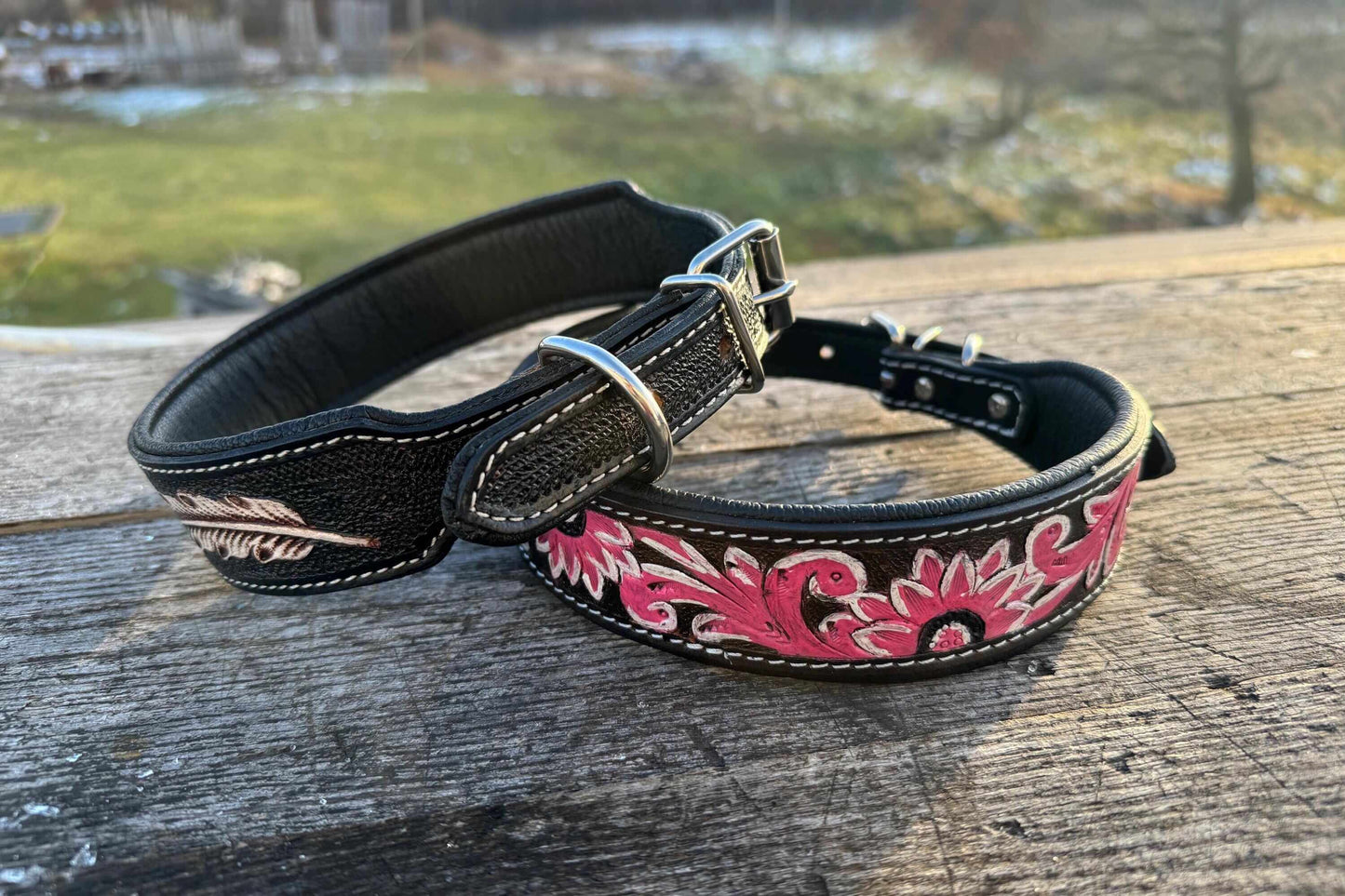 Western Leather Dog Collar – Tooled Turquoise Feather or Pink Floral Design