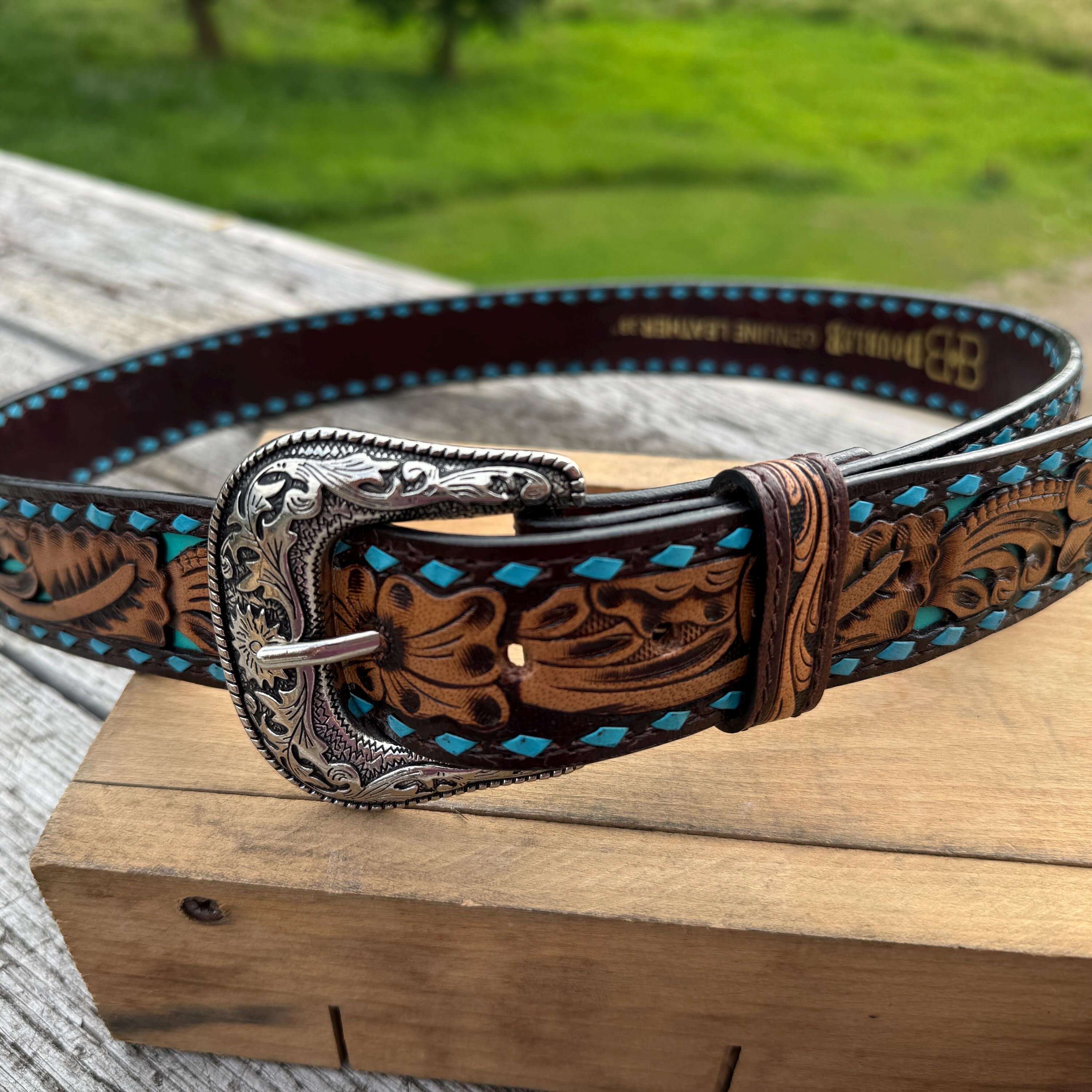 Genuine Leather Western Belt – Tooled Black & Tan with Blue Buckstitch