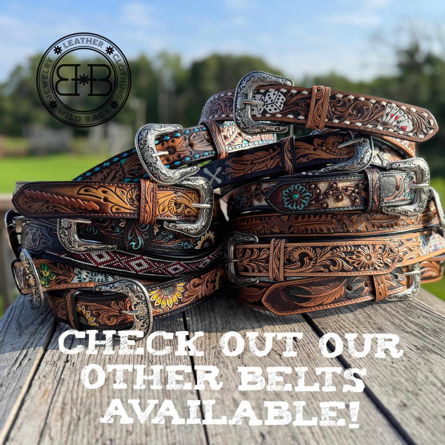 Genuine Leather Western Belt – Tooled Black & Tan with Blue Buckstitch