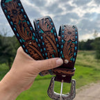 Genuine Leather Western Belt – Tooled Black & Tan with Blue Buckstitch